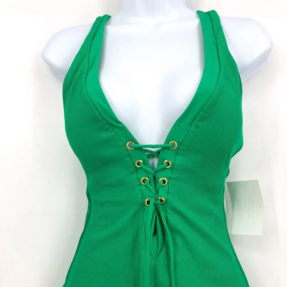 BECCA Women's Gia Plunge One Piece Swimsuit Large Green Lace Up Modern Edge NWT